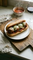 Meatball submarine sandwich topped with melted cheese and fresh herbs, served on wooden board with red wine and tomato sauce for Italian cuisine dining.