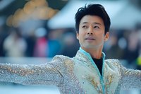 Asian male figure skater in sparkling white and silver costume performing on ice, arms outstretched with confident expression against blurred arena background.