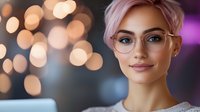 Young Caucasian woman with pink hair and stylish glasses smiling confidently against blurred bokeh lights background, wearing white sweater. Professional portrait.