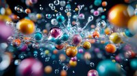 Colorful spheres and water drops creating dynamic splash effect with orange, pink and turquoise balls floating in dark space. Macro photography with bokeh effect.
