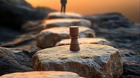 Wooden chess rook piece standing on coastal rock at sunset with silhouette figure in background, dramatic lighting creates mysterious atmosphere.