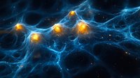 Glowing neural network visualization with bright orange synapses connected by luminous blue pathways against dark cosmic background. Scientific concept of brain activity.