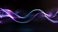 Glowing purple and blue wave of particles flowing on dark background creates dynamic motion effect for technology and science designs.