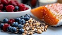 Fresh salmon fillet with mixed berries and quinoa grains on gray surface, healthy protein-rich ingredients for nutritious meal preparation.