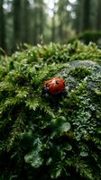 Red ladybug crawling on moss-covered rock in lush forest with tall trees and soft bokeh background, suitable for nature and wildlife projects.