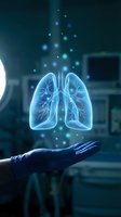 Glowing blue holographic lungs floating above open palm in medical environment with digital particles for healthcare technology concepts.