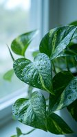 Fresh green houseplant leaves with water droplets by bright window creating natural home decor and wellness atmosphere for indoor gardening concepts.