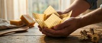 Hands holding golden crispy corn tortilla chips in cupped palms on rustic wooden table with warm natural lighting for snack food and cooking concepts.