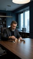 Mature bearded businessman in gray suit working with paper boats at wooden desk in modern blue office interior with bookshelves and large windows.