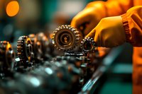 Metal gears and cogwheels in industrial machinery with orange protective gloves, close-up view showing mechanical parts in motion with bokeh background.