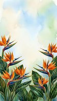 Watercolor tropical bird of paradise flowers with lush green leaves on soft blue background, copy space for text or design use.