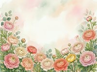 Watercolor floral frame with pink and peach ranunculus flowers, green leaves, soft pastel background, copy space for wedding or greeting card.