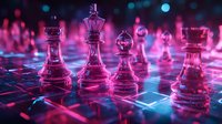 Glass chess pieces on glowing neon chessboard with pink and blue lighting effects creating futuristic atmosphere. Strategic game concept in modern cyberpunk style.