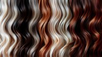 Flowing wavy hair strands in various shades from black to blonde, copper and auburn colors creating natural texture pattern for beauty salon concepts.