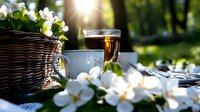Romantic garden setting with white jasmine flowers, wicker basket, coffee cup and wine glass on table, sunlit through trees creating dreamy atmosphere.