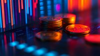 Golden cryptocurrency coins on dark background with colorful neon lights and trading chart reflections, creating modern financial technology atmosphere.