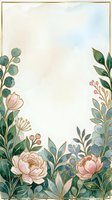 Watercolor floral frame with pink peonies, green leaves, and gold outline border, copy space for wedding or greeting card design.