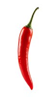 Fresh red chili pepper isolated on white background with green stem, ready for culinary, food packaging, and recipe design projects.