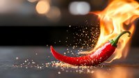 Red hot chili pepper engulfed in bright flames with sparkling spice particles scattered on dark background, dramatic food photography for restaurant menu design.