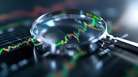 Magnifying glass focusing on stock market candlestick chart with green and red indicators showing financial data analysis and trading visualization.