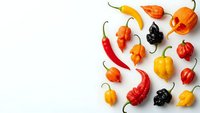 Colorful hot chili peppers variety arranged on white background with copy space for spicy food cooking and seasoning design projects.