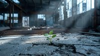 Small green plant growing through cracked concrete floor in abandoned industrial building with sunlight streaming through broken windows symbolizing hope and resilience.