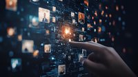 Futuristic digital interface with glowing network of connected profile photos and hand touching virtual screen, representing social media and global connectivity.