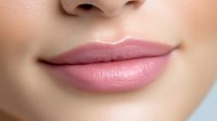Close-up of woman's lips with pink lipstick on smooth skin, showcasing natural makeup look for beauty and cosmetic advertising.
