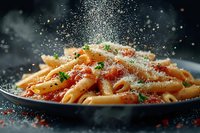 Penne pasta with tomato sauce and falling parmesan cheese powder captured in dynamic motion against dark background, garnished with fresh parsley and red pepper flakes.
