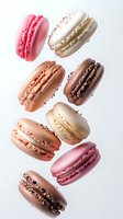 Colorful French macarons in various flavors floating on white background, including pink, chocolate, vanilla, and caramel varieties for pastry shop promotion.