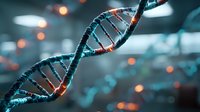 Glowing DNA helix structure in blue and orange colors on dark background with bokeh effect shows genetic research and biotechnology advancement in medicine.