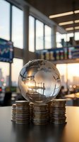 Crystal globe on coin stacks in modern trading office with financial market displays, symbolizing global investment and economic growth opportunities.