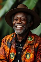 Cheerful senior African American man wearing vibrant orange patterned shirt and brown hat smiling broadly against green foliage background. Portrait captures genuine joy and wisdom.
