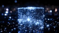 Glowing blue cube with sparkles and light particles floating in dark space creates magical atmosphere. Abstract digital art with bokeh effect and reflections.