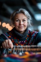 Mature Caucasian woman with silver hair wearing colorful knit sweater smiles warmly while crafting. Soft bokeh lights create cozy atmosphere for creative hobby scene.