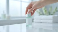 Woman's hand picking up small glass serum bottle with blank label on white surface in bright bathroom setting with towels in background.
