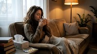 Woman with dark wavy hair and medium skin tone sitting on brown sofa, wearing knit sweater, holding warm beverage, appearing thoughtful in cozy living room interior.