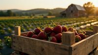 Fresh ripe strawberries in wooden crate at sunset farm with barn and agricultural fields in background for organic farming and harvest concepts.