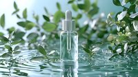 Glass dropper bottle with clear liquid creating ripples in water, surrounded by fresh green leaves and water splashes. Natural skincare concept for cosmetic packaging.