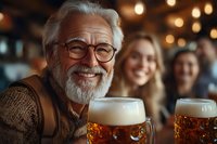 Senior man with white beard and glasses holding beer mug at social gathering with friends in warm-lit pub environment, celebrating and enjoying beverages together.