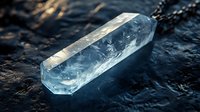 Clear quartz crystal pendant on chain resting on dark textured stone surface with warm lighting for jewelry design and spiritual wellness concepts.