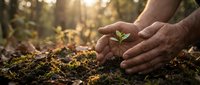 Hands protecting small green seedling growing from soil in warm sunlight, symbolizing environmental care, growth, and nurturing nature for sustainable future.