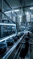 Modern pharmaceutical manufacturing facility with automated production line processing black capsules in sterile industrial environment.
