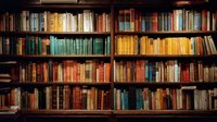 Vintage wooden bookshelf filled with colorful old books arranged by color creating rainbow effect in cozy library atmosphere.