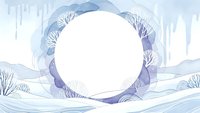 Winter landscape frame with snow-covered trees and mountains surrounding circular white space for text or design elements on isolated background.