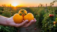 Fresh organic tomatoes held in farmer's hand during golden hour sunset in vegetable garden. Harvest time concept for healthy eating and sustainable agriculture.