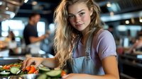 Young blonde Caucasian woman chef preparing fresh salad in professional restaurant kitchen wearing apron and smiling at camera during food preparation.