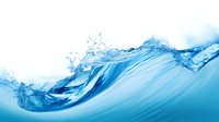 Dynamic ocean wave with splashing water drops and flowing liquid motion against white background, clean turquoise blue aqua surface creates powerful splash pattern.