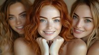 Three young women with different hair colors - blonde, ginger and brunette - smiling at camera with natural makeup and bare shoulders in warm lighting setup.