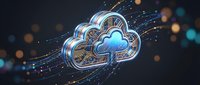 Digital cloud computing technology with glowing circuit patterns and data streams on dark background for tech presentations and business solutions.